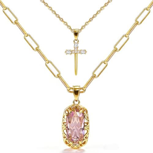 Anranyo 18K Dainty Gold Cross Necklace, Pink Birthstone Necklace, Hypoallergenic,Layered Necklaces for Women, Non Tarnish, Minimalist, Christian Gifts for Wife Daughter Sister Girlfriend - Image 1