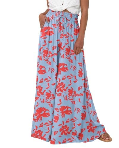 BTFBM Women Casual High Waist Wide Leg Pants 2026 Spring Summer Long Palazzo Pants Pocket Lounge Beach Vacation Clothes(Print Light Blue Red, Small) - Image 1