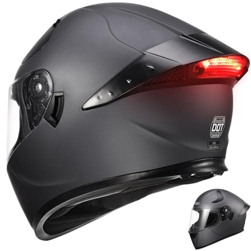 RSYSO Dual Visor Full Face Motorcycle Helmet with LED Tail Light DOT Approved Motorbike Racing Street Bike Helmets for Adult Matte Gray, XL - Image 1