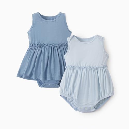 PATPAT Bamboo Baby Girl Clothes - Soft & Breathable Viscose Outfits - Sleeveles Bodysuit Dress for Spring Summer Gift - Cute Rompers Essentials - 2 Pack Slate & Sky Blue 18-24 Months - Image 1
