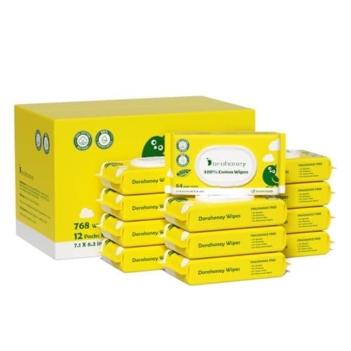 Dorahoney 100% USA Cotton Baby Wipes for Sensitive Skin, 99% Purified Water Unscented Wet Wipes, Hypoallergenic & Plastic-Free, 768 Count (12 Flip-Top Packs of 64)