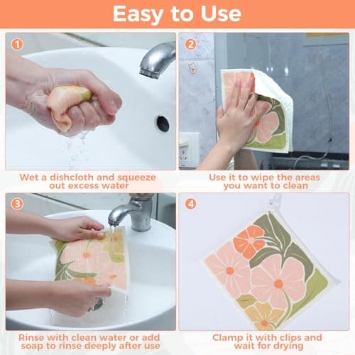 6 Pack Swedish Dishcloths for Kitchen,Abstract Floral Swedish Rags Dish Towels with Clips, Reusable Paper Towels Washable Absorbent Cellulose Sponge Cloths No Odor for Cleaning Home Sink Kitchen - Thumbnail 6