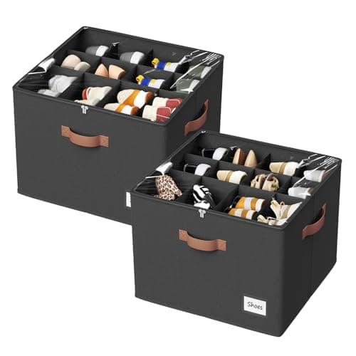 PHINOX Shoe Organizer for Closet, 2 Pack Fabric Shoe Organizer Storage Box, Shoe Storage Containers with Clear Cover, Closet Shoe Storage for Boots Sandals Slippers,Fits 16-32 Pairs, Black - Image 1