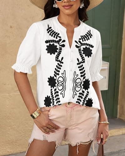 BTFBM Women's 2026 Spring Tops Casual Floral Boho V Neck Puff Short Sleeve Button Down Shirts Embroidered Blouses Tunic(Floral White Black, Large) - Thumbnail 5