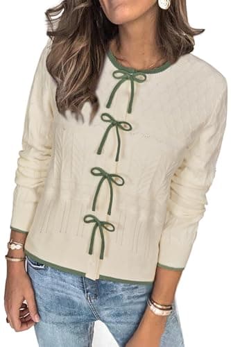 Arach&Cloz Bow Button Down Cardigan Sweaters 2026 Spring Summer Womens Fall Tops Fashion Color Block Lace Dressy Casual Long Sleeve Crew Neck Ribbed Knit Outfits Shirts Travel Trendy Off-White M - Image 1