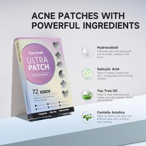 Dazzlook Cute Star Pimple Patch with Salicylic Acid, Mix Shapes Hydrocolloid Pimple Stickers Iridescent Colors 72 Pcs, Fashion Zits Blemishes Breakouts Patches - Thumbnail 2