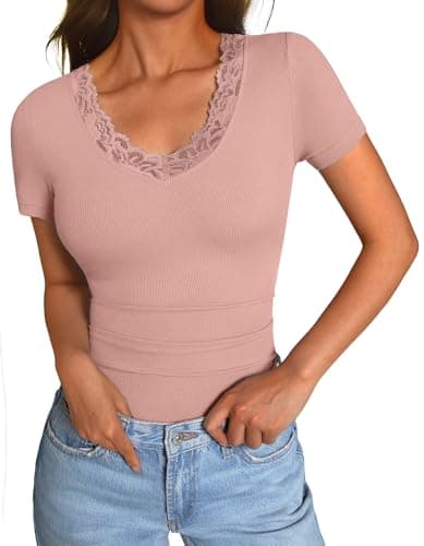 GKBK Short Sleeve Tops for Women Lace Trim V Neck T Shirts Casual Going Out Slim Fitted Tight Shirts Basic Tee Spring Clothes Summer Fashion Outfits 2026 Trendy Pink - Image 1