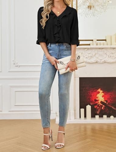 Theenkoln Womens Victorian Ruffle Blouse:3/4 Ruffle Sleeve V-Neck Business Casual Tops Summer Trendy Fashion Work Shirt Black Medium - Thumbnail 3