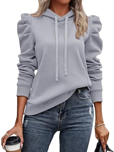 UEAL Womens Sweatshirts 2025 Trendy Puff Sleeve Drawstring Pullover Hoodies Fall Fashion Outfits Tops Clothes Medium Light Gray - Image 1