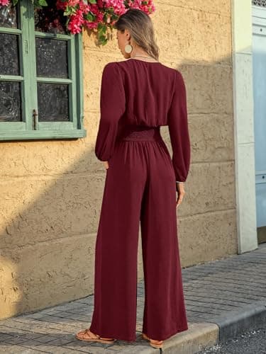 LOOKBOHO Womens Long Sleeve Jumpsuits 2026 V Neck High Waist Wide Leg Romper Dressy Casual One Piece Outfits Wine Red Medium - Thumbnail 3