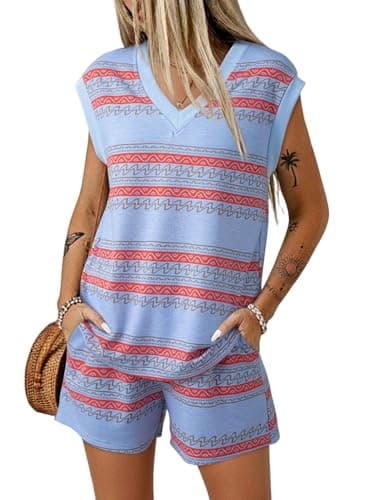 Dokotoo Short Sets for Women Summer Fashion Sleeveless V Neck Tank Tops and Western Print Waisted Shorts Pants with Pockets Matching Sets Sky Blue Stripe X-Large - Image 1