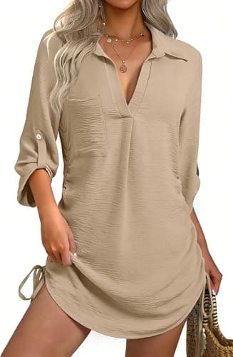 GKBK Women Swimsuit Coverup Bathing Suit Cover Ups for Swimwear Swim 2026 Summer Bikini Beachwear Drawstring Beach Dress Shirt Apricot S - Image 1