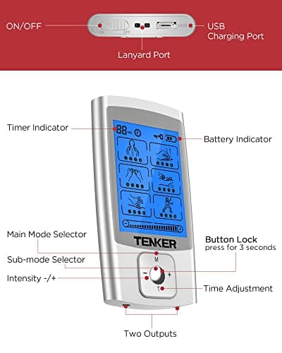 TENKER TENS Unit Muscle Stimulator, 24 Modes EMS Machine for Pain Relief Therapy/Pain Management, Rechargeable Electronic Pulse Massager with 2"x2" and 2"x4" Electrode Pads (Silver) - Thumbnail 6