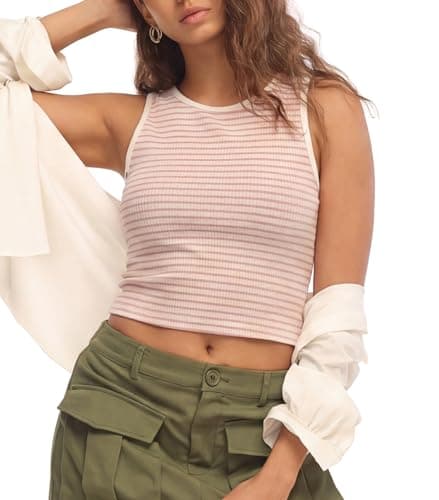 HiMONE Women’s Casual Striped Crop Tank Top Sleeveless Crew Neck Fitted Stretch Summer Basic Tank Top L - Image 1