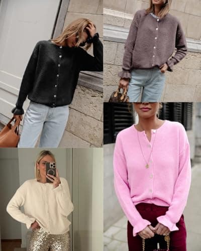 Saodimallsu Womens Cardigan Sweaters Button Down Knit 2025 Fall Ruffle Long Sleeve Sweater Open Front Trendy Outwear Dark Khaki - Thumbnail 6