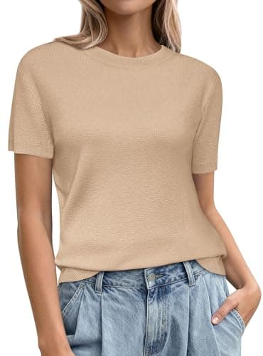 PRETTYGARDEN Women's Short Sleeve Sweaters 2026 Spring Crew Neck Knit Work Shirts Business Casual Tops Summer Fashion Clothes (Beige,Large) - Image 1
