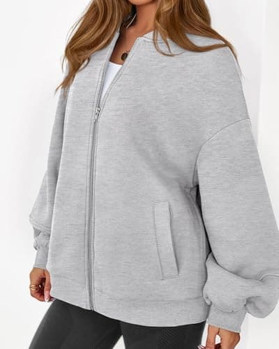 KIRUNDO Oversized Sweatshirt for Women Zip Up Bomber Jacket 2026 Fall Fashion Casual Long Sleeve Outerwear Winter Outfits(Grey, Medium) - Thumbnail 4