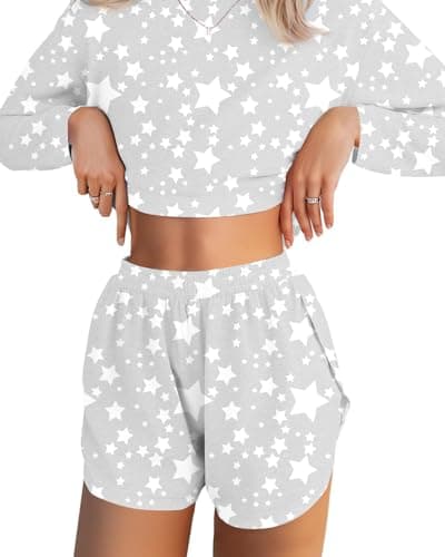 JUSTFASHIONNOW Womens Long Sleeve Pajama Sets Cute Lounge Set 2 Piece Crew Neck Star Print Sleepwear Comfy Split Short Pajama Set Soft Fall Outfits Loungewear Cozy Pj sets (Grey, Large) - Image 1