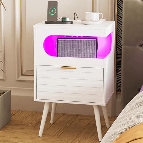 Veegle Nightstand with Charge Station,Modern Bedside Table with Storage Drawer and Open Wood Shelf, Accent Night Stand with Solid Wood Legs for Bedroom and Small Spaces (White)