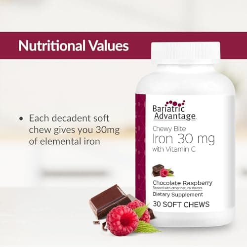 Bariatric Advantage Iron 30 mg Chewy Bite with Vitamin C - for Bariatric Patients - Sugar-Free - Chocolate Raspberry - 30 Count - Thumbnail 5