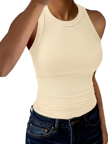 GKBK Racerback Tank Tops for Women High Neck Ribbed Sleeveless Fashion 2026 Summer Casual Basic Slim Fit Top Shirts Apricot XXL - Image 1