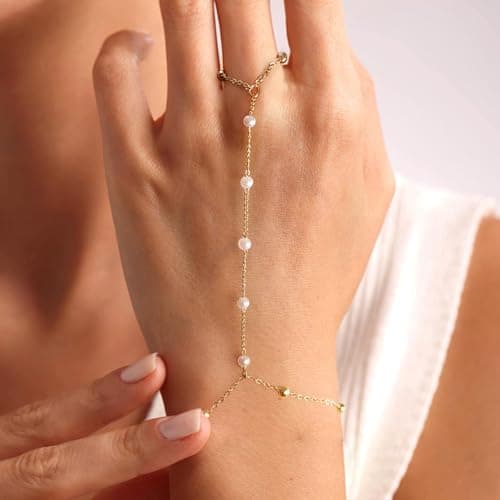 BAYLAY Hand Chain Bracelet, Ring Bracelet Hand Chain 14K Gold Plated Pearl Finger Ring Slave Bracelets Dainty Gold Bracelet for Women Hands Jewelry for Women Summer Essentials Boho Beach Gifts - Thumbnail 2