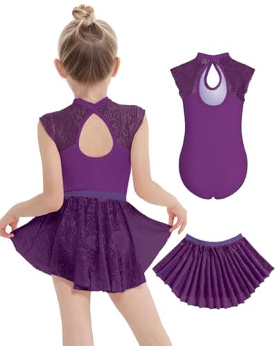 JiAmy Girls Ballet Leotards Cutout Back Dance Outfit Toddler Lace Dress Combo with Removable Skirt Dark Purple 4-5 Years - Image 1
