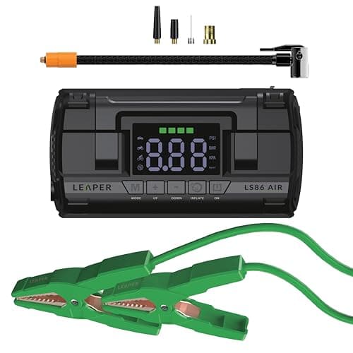 Leaper 12V Jump Starter, Black, with Air Compressor, 2000A Peak Current, 20000mAh Capacity, 3.6'' Digital Screen, Non-Polarized Green Clamps. Protective Carrying Case and a UL QC18W Fast Charger