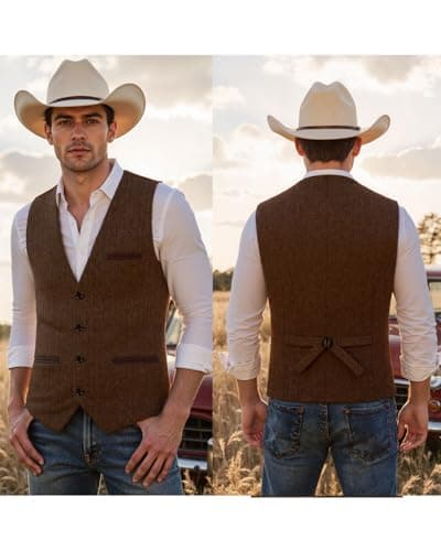 HSLS Mens Herringbone Wool Vests Tweed Suit Waistcoats Vintage Retro Slim Fit(Small, Brown) - Thumbnail 3
