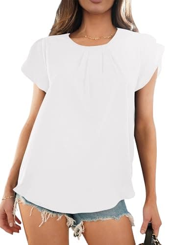 PRETTYGARDEN Women's Tops 2026 Casual Summer Round Neck Short Sleeve Basic Pleated Loose Fit Blouses Plain Tunic Shirts(White,X-Large) - Thumbnail 6