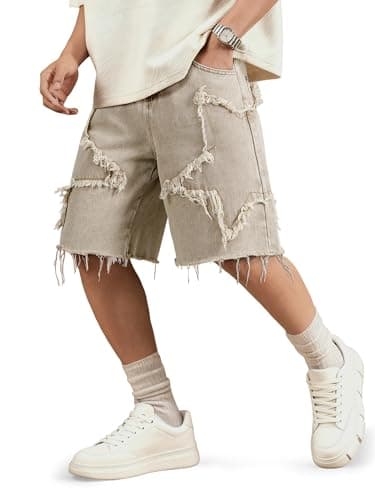 JMIERR Mens Baggy Jean Shorts Relaxed Fit Knee-Length Stretch Jorts Y2K Vintage Wide Leg Summer Casual Denim Shorts with Pockets, White, X-Small - Image 1