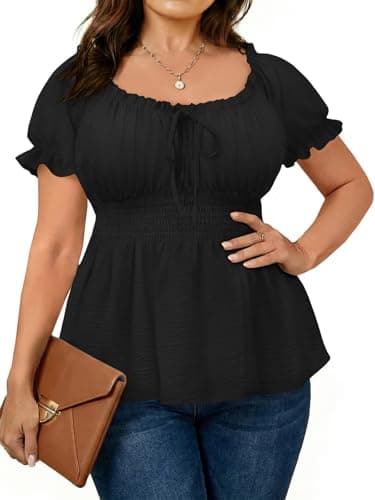 Beautife Womens Plus Size Tops Square Neck Puff Short Sleeve Blouse Ruffle Babydoll Peplum Smocked Cute T Shirts Black - Image 1