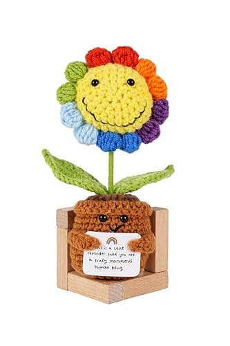 Gifts for Her/Him, Positive Crochet Animals Birthday Gifts for Women Men Includes Motivational Cards and a Wooden Base Cute Small Gift for Son Mom Dad Daughter Sister Friend Coworkers - Image 1
