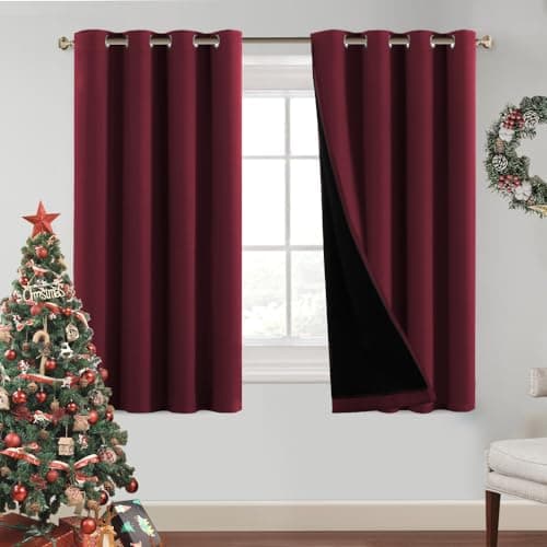 PrinceDeco Christmas Decor 100% Blackout Curtain Panels Noise Reducing and Heat Blocking Drapes for Windows Thermal Insulated Grommet Drapes with Black Liners (Burgundy Red,2 PCs,W52 x L54) - Image 1