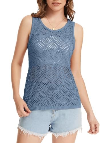 Bosmeer Womens Tops Sleeveless Cropped Crochet Sweaters Vest Summer Sexy Coverups Tropical Vacation Outfits for Women Blue Large - Thumbnail 2