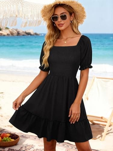 Berydress Black Dresses for Women 2026 Summer Boho Beach Vacation Clothes Square Neck Babydoll Short Sleeve Mini Sun Dress with Pockets(M,6295-Black) - Thumbnail 4