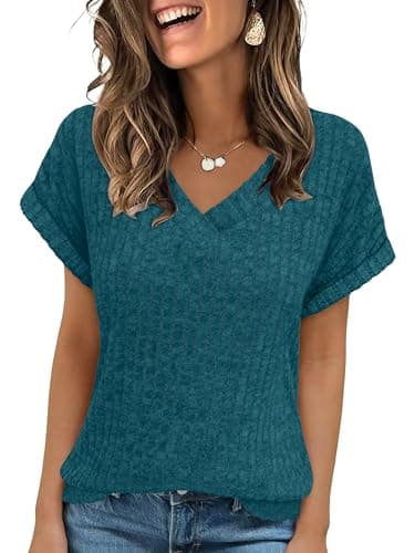 ANRABESS Women Tops Summer Sweaters Short Sleeve V Neck Shirts 2026 Spring Fashion Dressy Casual Business Tunic Blouses Teal Small - Image 1