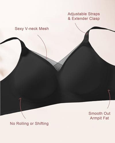 ZEBELL M-5XL Wireless Bras for Women No Underwire, Plus Size V Lace Comfortable Bralette with Support, Full Coverage T-Shirt Bra - Thumbnail 6