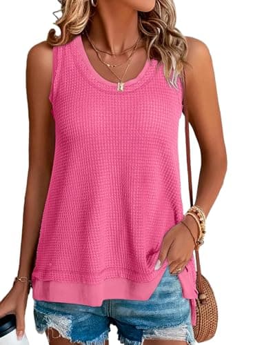 BLENCOT Women's Casual Solid Sleeveless Scoop Neck Waffle Knit Summer Loose Fit Crop Tank Tops Rose Red M - Image 1