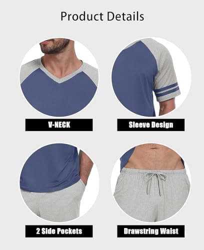 PrinStory Mens Pajamas Set Short Sleeve Lightweight and Soft Pajama Sets Summer Pjs Sets with Pockets Gray Blue Light Gray-2XL - Thumbnail 4