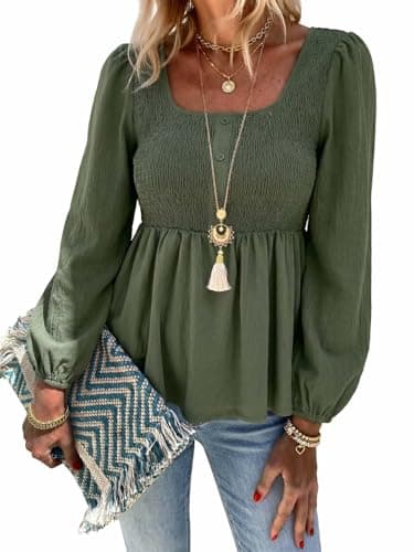 HEYTALALA Womens Peplum Tops Square Neck Smocked Puff Long Sleeve Blouses Babydoll Shirts 2025 Fall Dressy Casual Clothes Army Green XL - Image 1