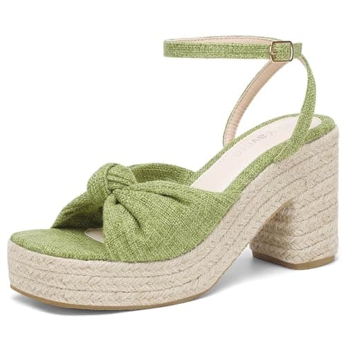 Yavero Women's Espadrille Platform Wedge Sandals Open Square Toe Chunky Sandals Bow Sandals for Vacation Green 8 - Image 1