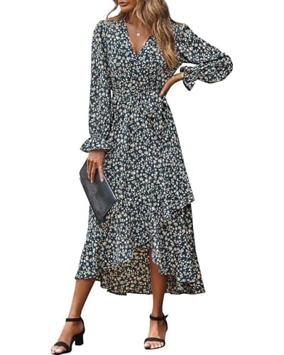 BTFBM Womens Dresses Spring Clothes 2026 V Neck Floral High Waist Ruffle Wedding Guest Cocktail Boho Long Sleeve Dress(Floral Light Blue Apricot, XX-Large) - Image 1