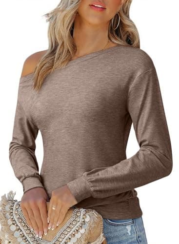 EVALESS T Shirts for Women Trendy Fashion 2025 Going Out Off Shoulder Tops Casual Long Sleeve Asymmetrical Boat Neck Spring Summer Fall Cute Clothing,Dark Khaki X-Large - Image 1