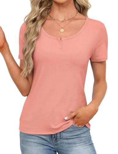 Womens Short Sleeve Tops Stretchy Scoop Neck Henley T-Shirts Ribbed Shirts Fitted Casual Basic Top T-Shirts Soft Summer Shirts 2026 Coral XL - Thumbnail 4