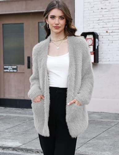 Women's Fuzzy Cardigan V Neck Long Sleeve Button Down Slouchy Furry Sweaters Chunky Knit Mohair Sweater Coat(Grey-S) - Thumbnail 5