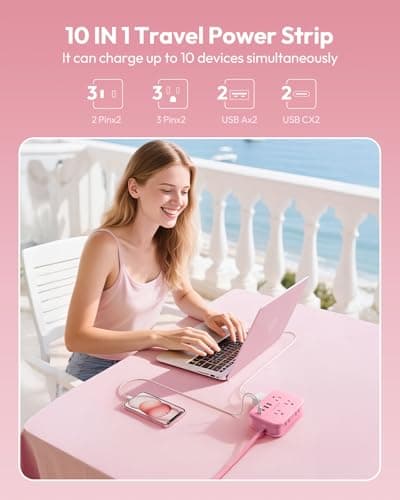 NTONPOWER Pink Extension Cord, Travel Power Strip, 6 Outlets 4 USB Ports(2 USB C), 4ft Extension Cord Wrapped Around Small Power Strip, Compact for Travel, Hotel, Cruise Approved, White - Thumbnail 3