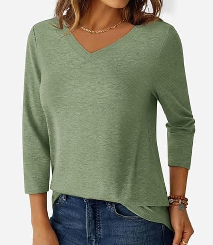 GKBK Womens Tops 3/4 Sleeve Shirts V Neck Casual Blouses Basic Loose Fit Pullover Tshirts LightGreen XL - Thumbnail 5