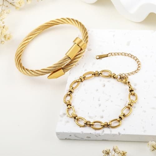 LCTrusttmor Gahna 18K Gold Plated Bracelets Set for Women, Stackable Bangle Bracelet with Adjustable Wristband Chain Set Trendy Jewelry Gifts - Thumbnail 5