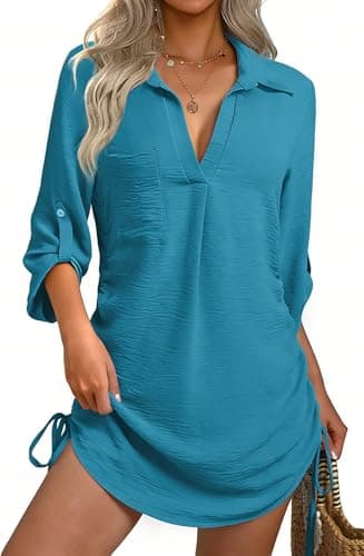 GKBK Women Swimsuit Coverup Bathing Suit Cover Ups for Swimwear Swim 2026 Summer Bikini Beachwear Drawstring Beach Dress Shirt Cute Essentials Sun Dress Peacock Blue L - Image 1